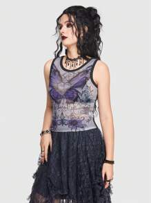 ROMWE Goth Butterfly Print Tank Top Without Bra - Black - View 4