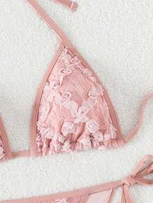 Floral Lace Halter Triangle Tie Side Bikini Set - Dusty Pink - View 3