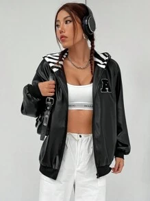 SHEIN EZwear Letter Patched Detail Drop Shoulder Zip Up PU Leather Hooded Jacket - Black - View 3
