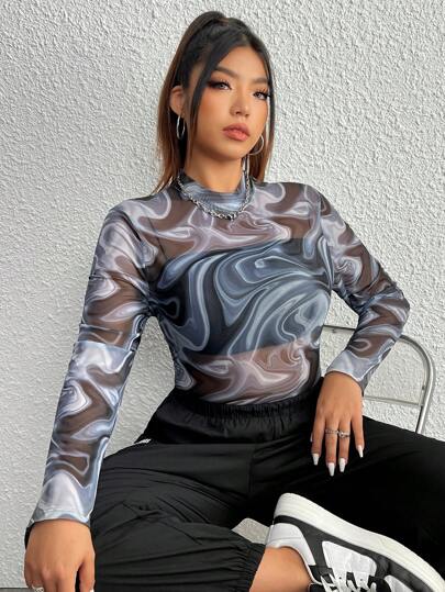 SHEIN EZwear Plus Marble Print Mock Neck Mesh Bodysuit Without Bra