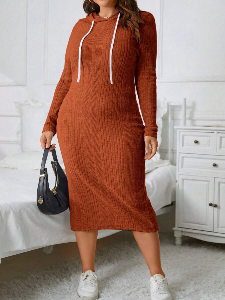 SHEIN Essnce Plus Size Ribbed Knit Drawstring Sweatshirt Dress - Rust Brown - View 1