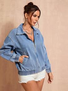 SHEIN BAE Drop Shoulder Zip Up Denim Jacket - Light Wash - View 6