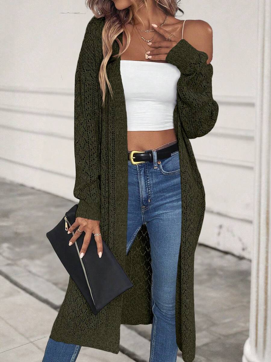 SHEIN Essnce Drop Shoulder Casual Design Cardigan - Army Green - View 1