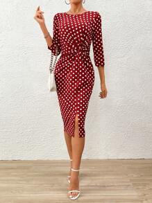 SHEIN Clasi Impressão De Bolinhas Split Thigh Com Cinto Vestido Bodycon