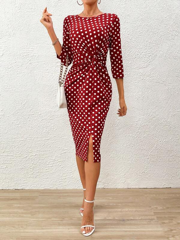 SHEIN Clasi Figurbetontes Kleid mit Punkt Muster, Schlitz, Gürtel,