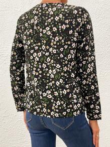 SHEIN Clasi Ditsy Floral Print Notched Neck Blouse - Black - View 2