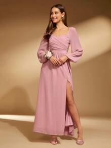 SHEIN Belle 雞心領口燈籠袖高衩伴娘洋裝 - 藕粉色 - 查看 4