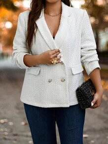 SHEIN LUNE 大碼雙排釦翻蓋細節西裝外套 - 白色 - 查看 5