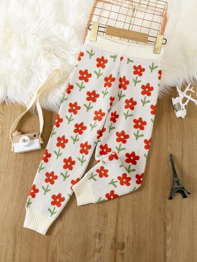 SHEIN Młoda dziewczyna Kwiatowy wzór Robić na Drutach Spodnie
