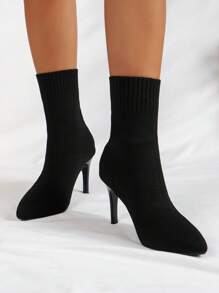 Women's Fashionable Simple & Elegant Knitted Pointed Toe High Heeled Stretch Boots - Black - View 3
