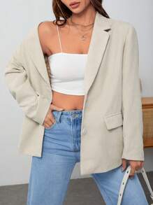 SHEIN EZwear 西裝領翻蓋細節單排釦西裝外套 - 卡其色 - 查看 2