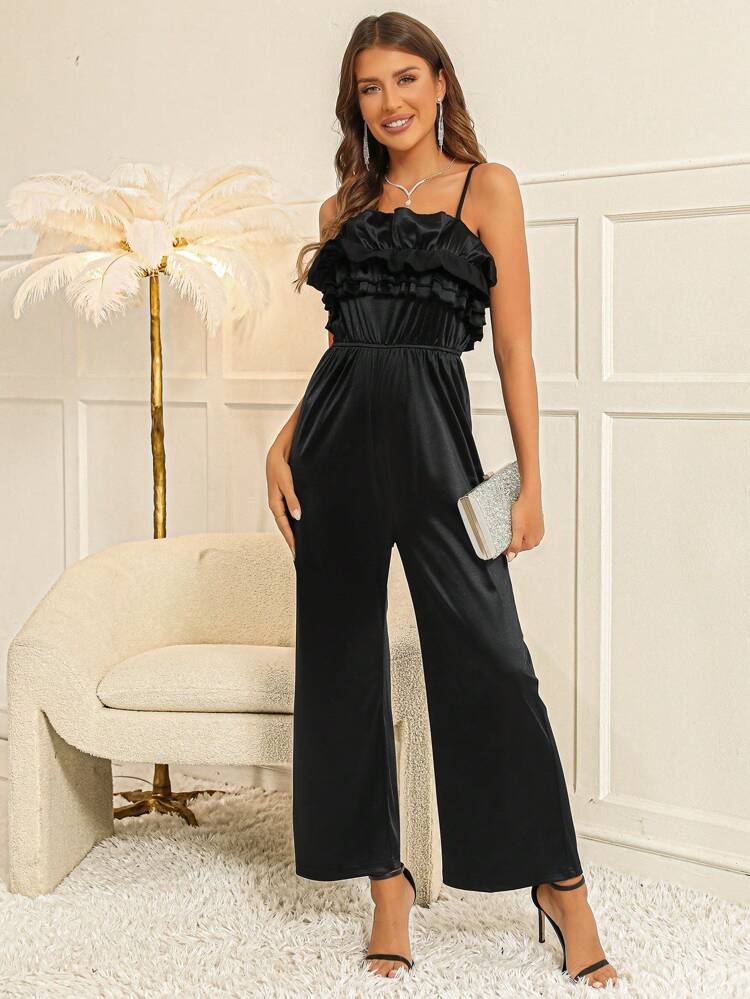 Ruffle Trim Satin Cami Jumpsuit