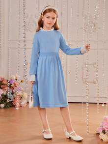 SHEIN 女大童1入組拼接荷葉邊毛衣洋裝 - 藍色 - 查看 6