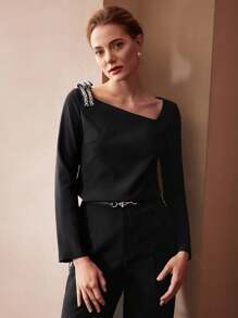 MOTF PREMIUM Nghệ Embellished Vai Nơ Áo sơ mi - màu đen - Xem 4