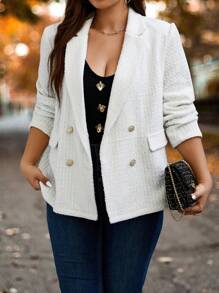 SHEIN LUNE 大碼雙排釦翻蓋細節西裝外套 - 白色 - 查看 3