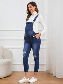 SHEIN 孕婦1入組破洞牛仔背帶褲 - 中等水洗藍 - 查看 6