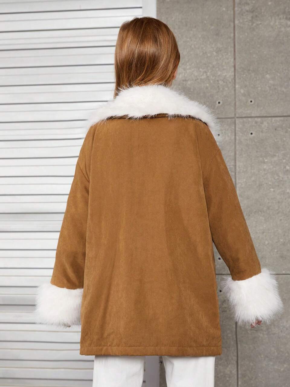 Tween Girl Flap Pocket Fuzzy Collar Flap Pocket Drop Shoulder Coat