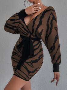 Chiquease Vestido de punto con patrón de rayas de cebra de manga murciélago con cinturón - Marrón - Ver 6