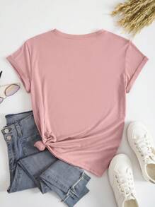 SHEIN EZwear Leopard & Slogan Graphic Tee - Dusty Pink - View 2