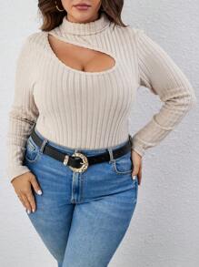 SHEIN Frenchy Plus Cut Out Mock Neck Cut Out Front Tee - Apricot - View 1