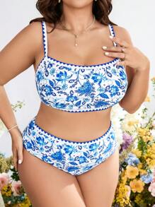SHEIN Swim Curve Plus Floral Print Contrast Binding Bikini Set - Blue - View 1