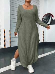 Flirla Plus Split Thigh Dress Maxi Women Outfit - Army Green - View 7