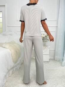 Contrast Lace Knot Front PJ Set - Grey - View 2