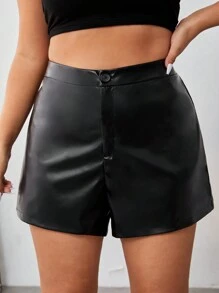 SHEIN EZwear Plus PU Leather Shorts - Black - View 1
