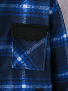 Tween Boy Plaid Print Hooded Overcoat Without Sweater - Blue and White - View 4