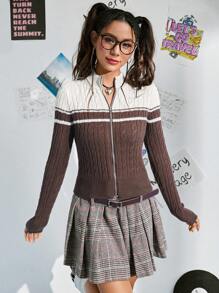 SHEIN EZwear 雙色拉鏈開襟開襟衫 - 棕色 - 查看 3