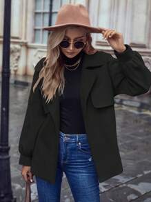 SHEIN Frenchy Lapel Neck Belted Overcoat - Black - View 4