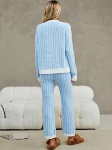 SHEIN LUNE Contrast Trim Cardigan & Knit Pants - Blue and White - View 2