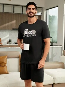 CoupledUp 1入組字母圖案睡衣T恤&1入組睡衣短褲休閒服套裝 - 黑色 - 查看 4
