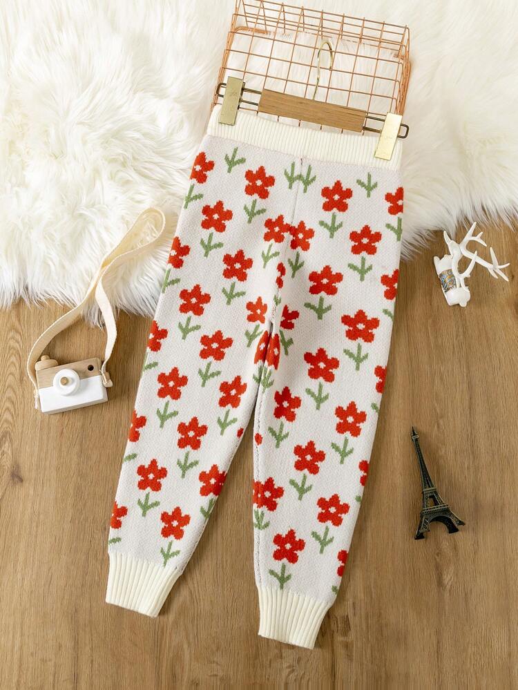 Young Girl Floral Pattern Knit Pants