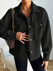 SHEIN LUNE Túi có nắp Thả vai Nút phía trước Áo khoác - màu đen - Xem 1