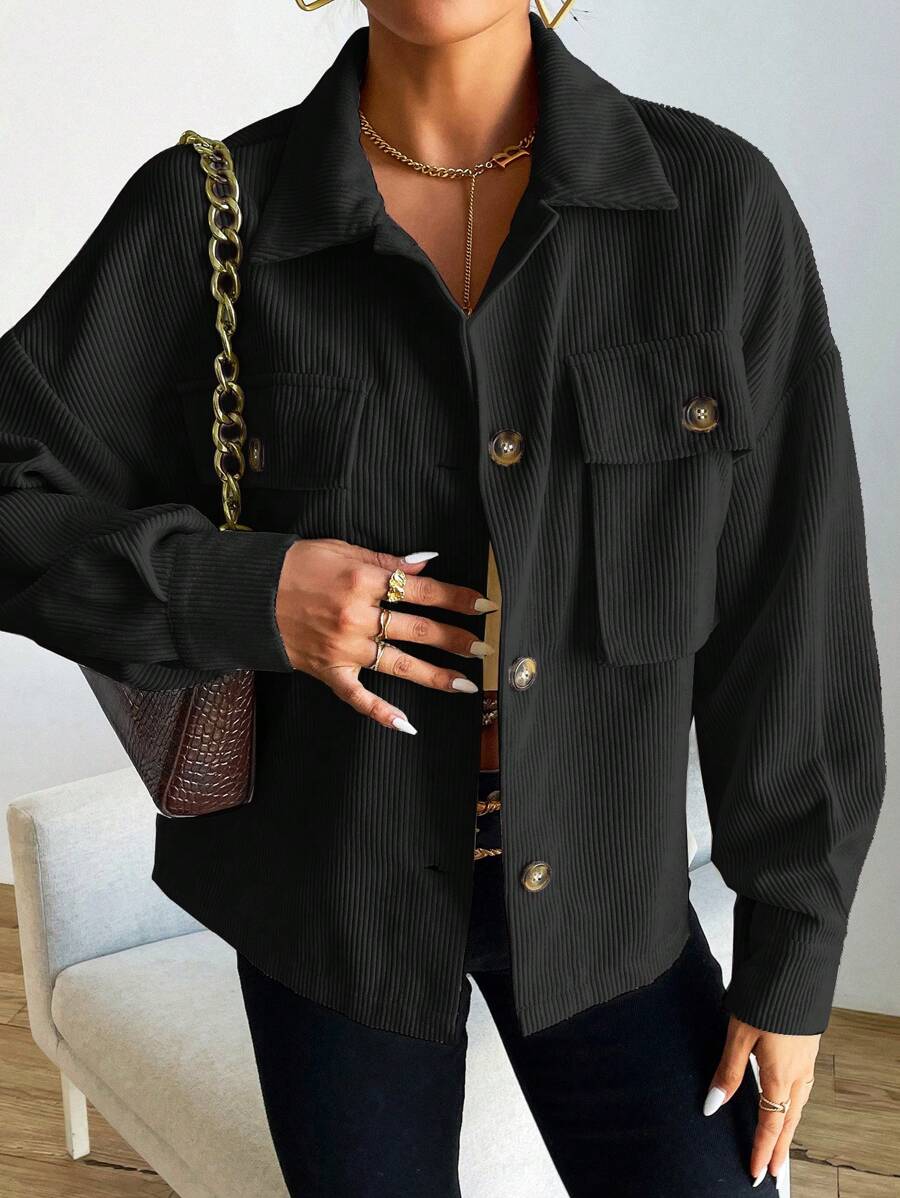 SHEIN LUNE Túi có nắp Thả vai Nút phía trước Áo khoác - màu đen - Xem 1