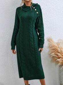 RosyDaze Cable Knit Button Detail Raglan Sleeve Sweater Dress Fall Winter Cloth For Women - Dark Green - View 5