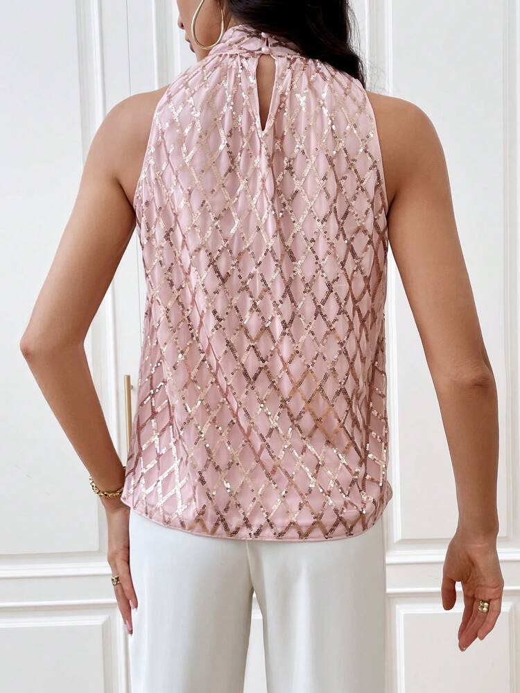 Geo Print Keyhole Back Mock Neck Blouse