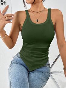 SHEIN Essnce Solid Ruched Hanky Hem Tank Top - Army Green - View 4