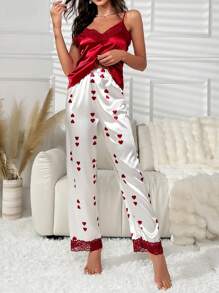 SilkySpell Heart Print Contrast Lace Satin PJ Set / Pajama Set - Red - View 4