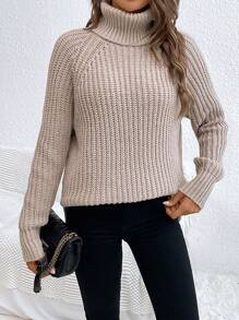 EMERY ROSE Rollkragen Raglanärmel Split Saum Pullover, Langarm Oberteil