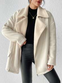SHEIN Frenchy Lapel Neck Drop Shoulder Teddy Lined Zipper Coat Winter Casual - Apricot - View 1