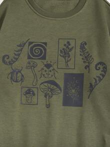 ROMWE Fairycore 蘑菇圖案加絨內裏運動衫 - 軍綠色 - 查看 5