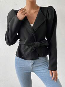 SHEIN Privé Cổ áo thác nước Ống tay áo Thắt lưng Áo khoác - màu đen - Xem 5