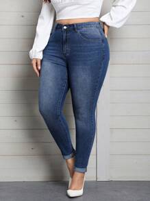 SHEIN Privé Talla grande Jeans ajustados con cremallera - Azul - Ver 3