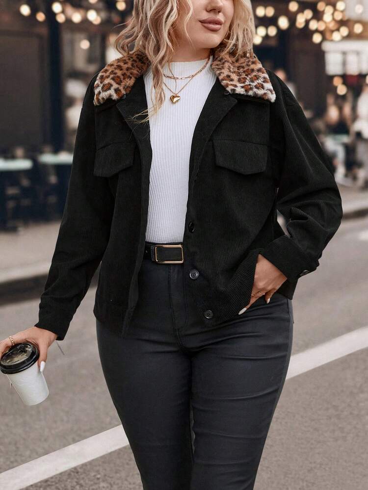 Plus Leopard Borg Collar Drop Shoulder Corduroy Jacket