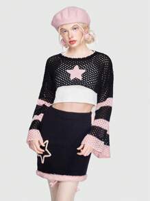 ROMWE Kawaii Hình sao Khối màu Áo len Crop - màu đen - Xem 7