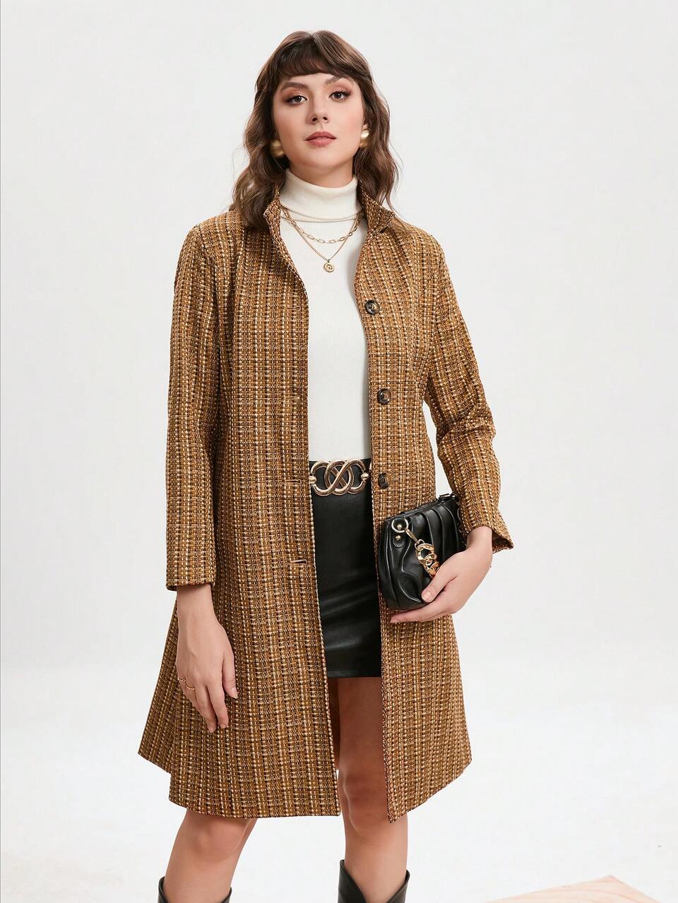 Plaid Print Button Front Coat Fall Cloth For Women
