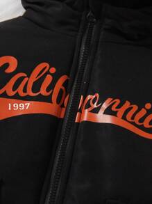 SHEIN 年轻男孩字母图案拼贴细节拼色连帽棉服外套