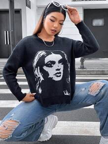 Flirla 大码落肩针织套头毛衣，秋冬款 - 黑與白 - 查看 3